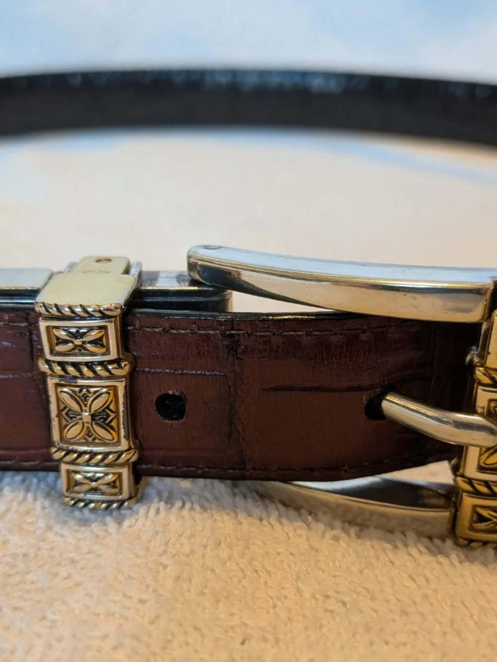 Brighton Belt Medium 30 Reversible Black Brown Croc Embossed Silver Gold Floral